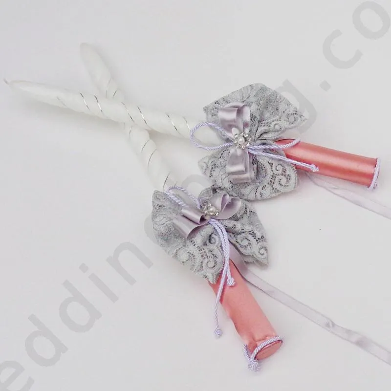 Сватбени свещи с декорация в сиво и цвят Rose Gold, модел RS034
